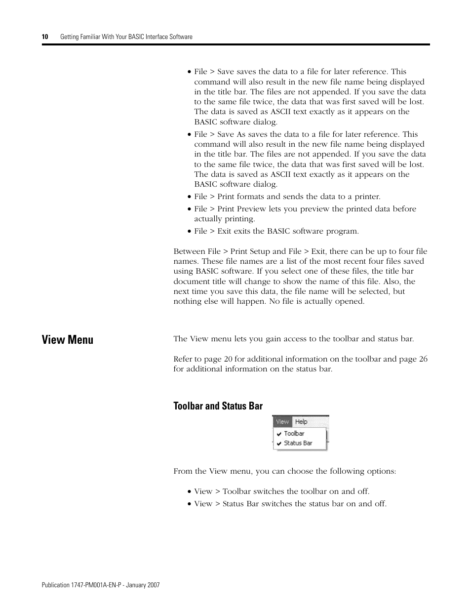 View menu, Toolbar and status bar | Rockwell Automation 1747-WINBAS Software Programming Manual User Manual | Page 12 / 40