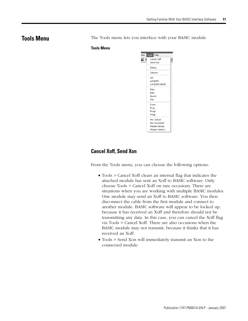 Tools menu, Cancel xoff, send xon | Rockwell Automation 1747-WINBAS Software Programming Manual User Manual | Page 13 / 40