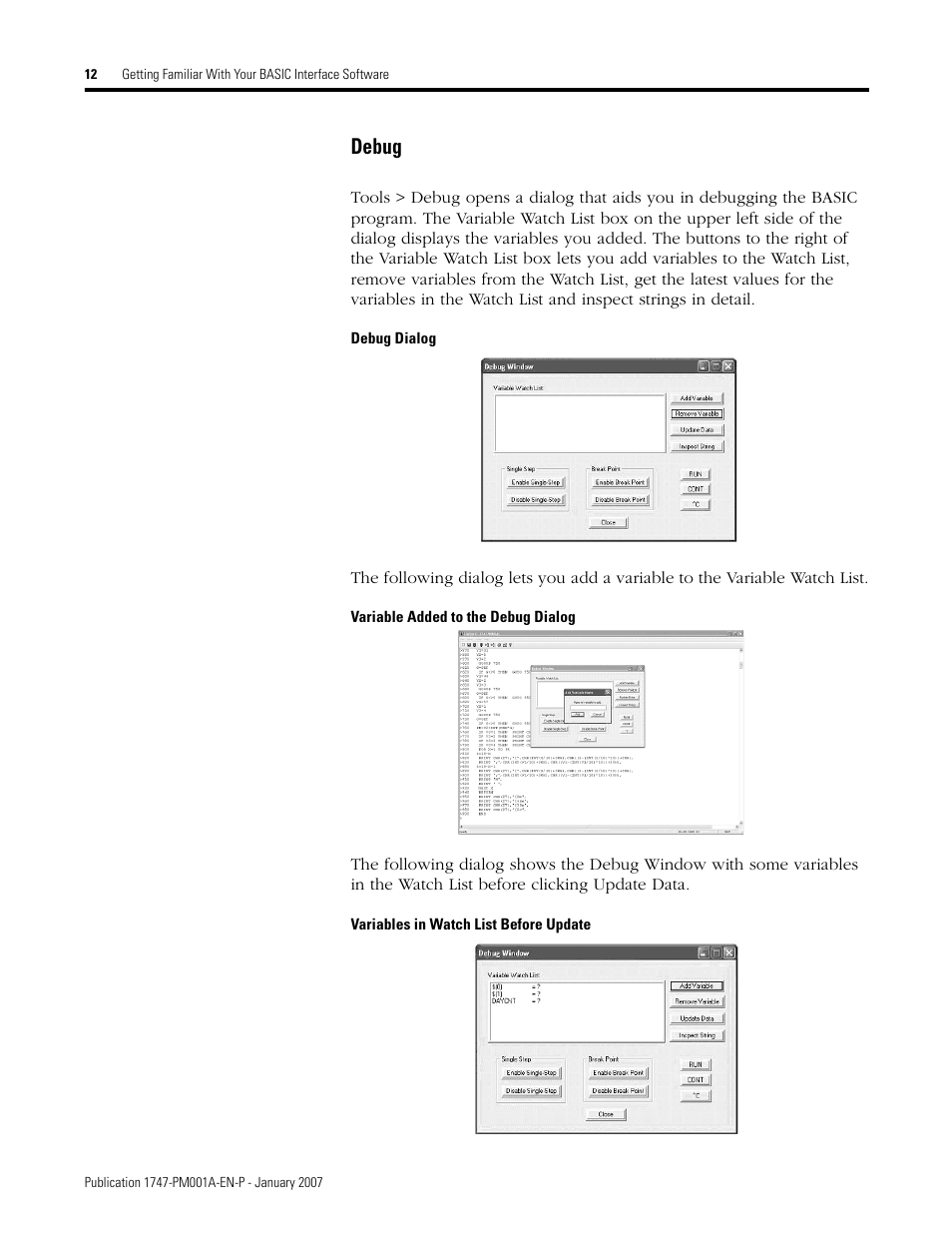 Debug | Rockwell Automation 1747-WINBAS Software Programming Manual User Manual | Page 14 / 40