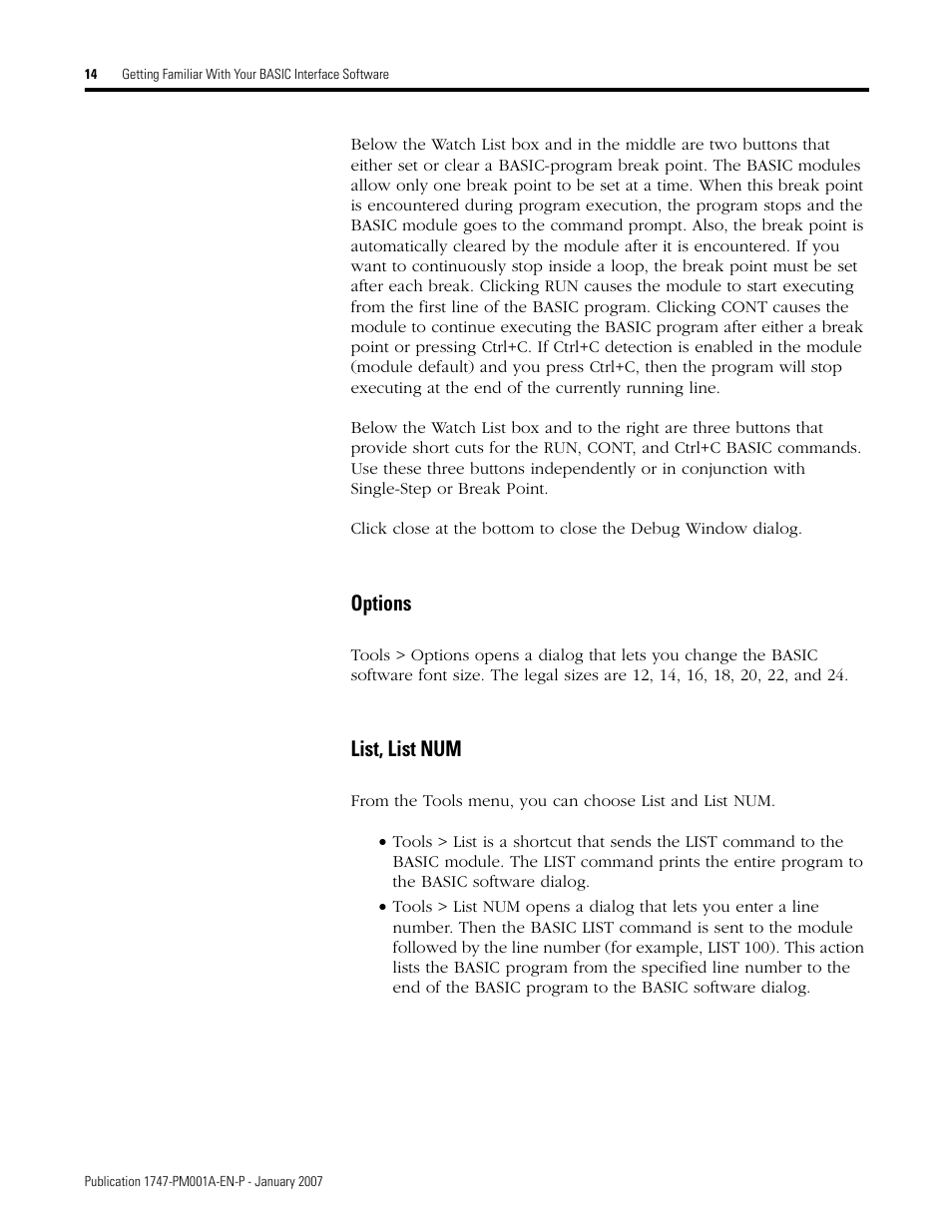 Options list, list num, Options, List, list num | Rockwell Automation 1747-WINBAS Software Programming Manual User Manual | Page 16 / 40