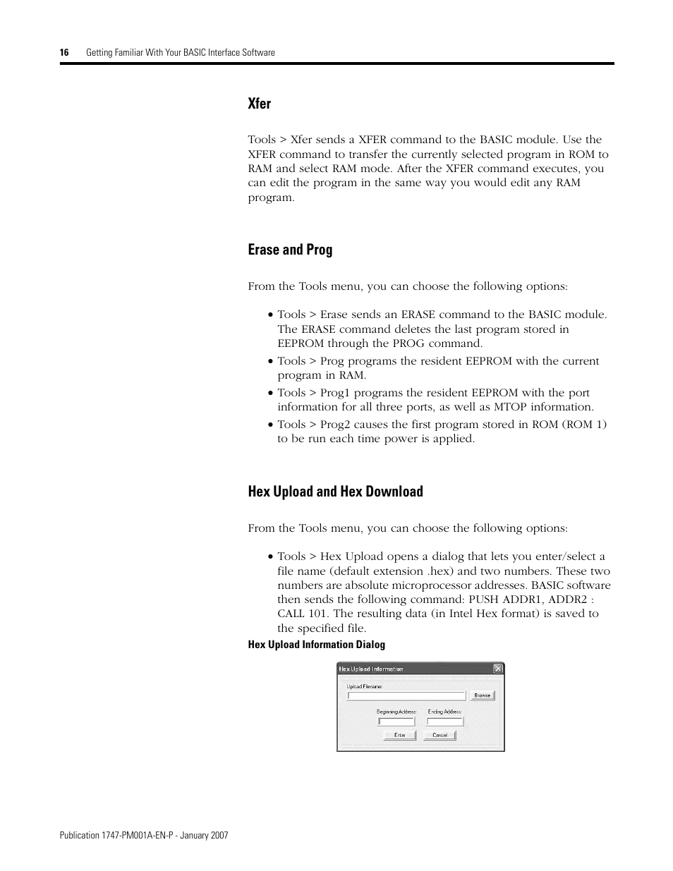 Xfer erase and prog hex upload and hex download, Xfer, Erase and prog | Hex upload and hex download | Rockwell Automation 1747-WINBAS Software Programming Manual User Manual | Page 18 / 40