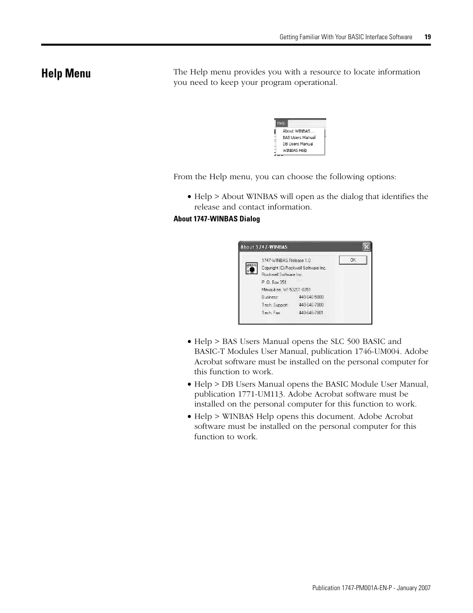 Help menu | Rockwell Automation 1747-WINBAS Software Programming Manual User Manual | Page 21 / 40