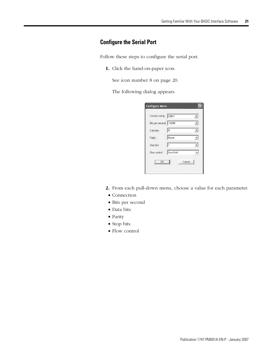 Configure the serial port | Rockwell Automation 1747-WINBAS Software Programming Manual User Manual | Page 23 / 40