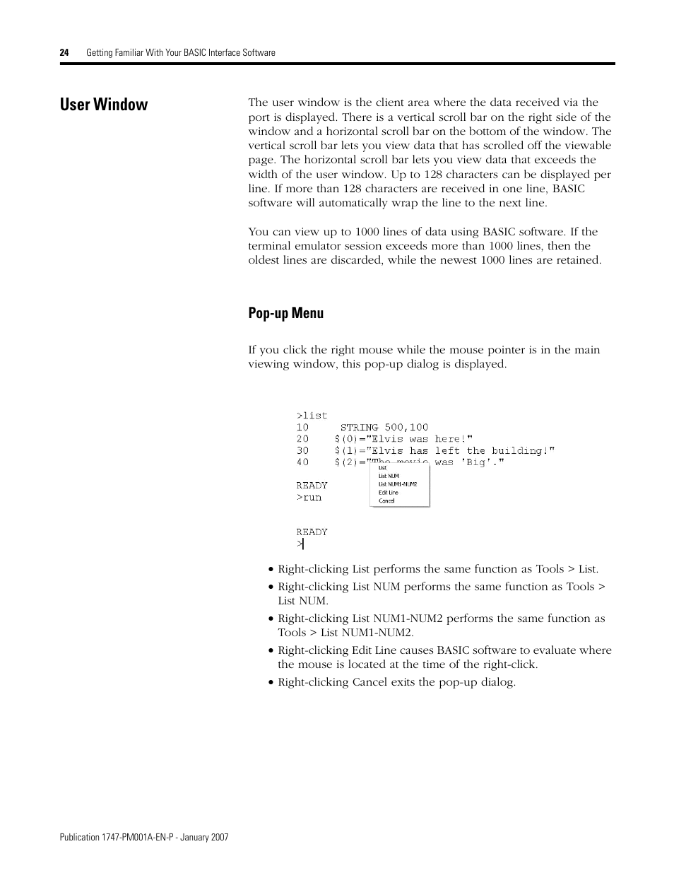 User window, Pop-up menu | Rockwell Automation 1747-WINBAS Software Programming Manual User Manual | Page 26 / 40