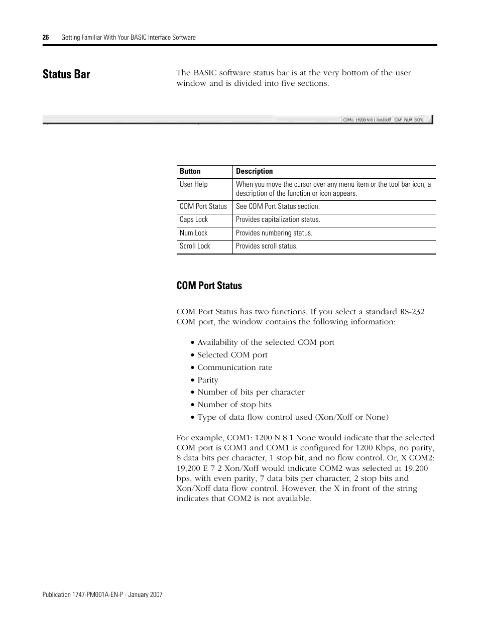 Status bar, Com port status | Rockwell Automation 1747-WINBAS Software Programming Manual User Manual | Page 28 / 40