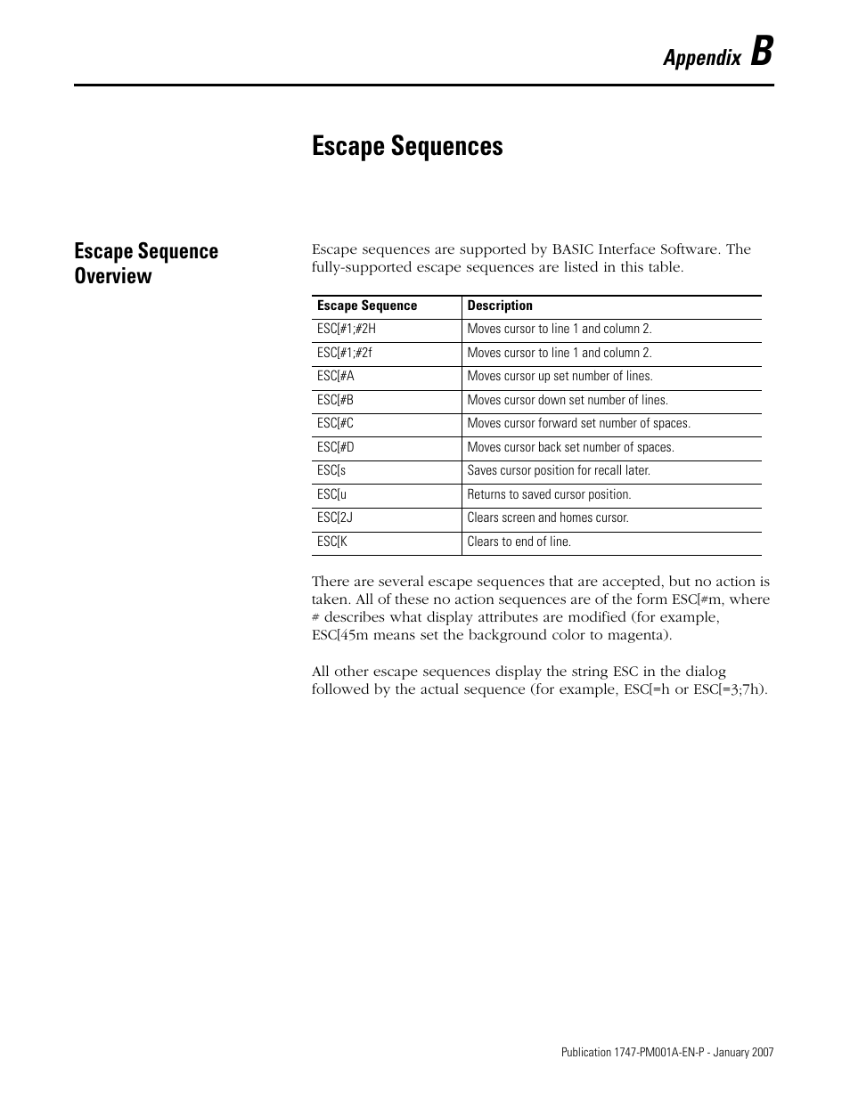 B - escape sequences, Escape sequence overview, Appendix b | Escape sequences, Appendix | Rockwell Automation 1747-WINBAS Software Programming Manual User Manual | Page 33 / 40