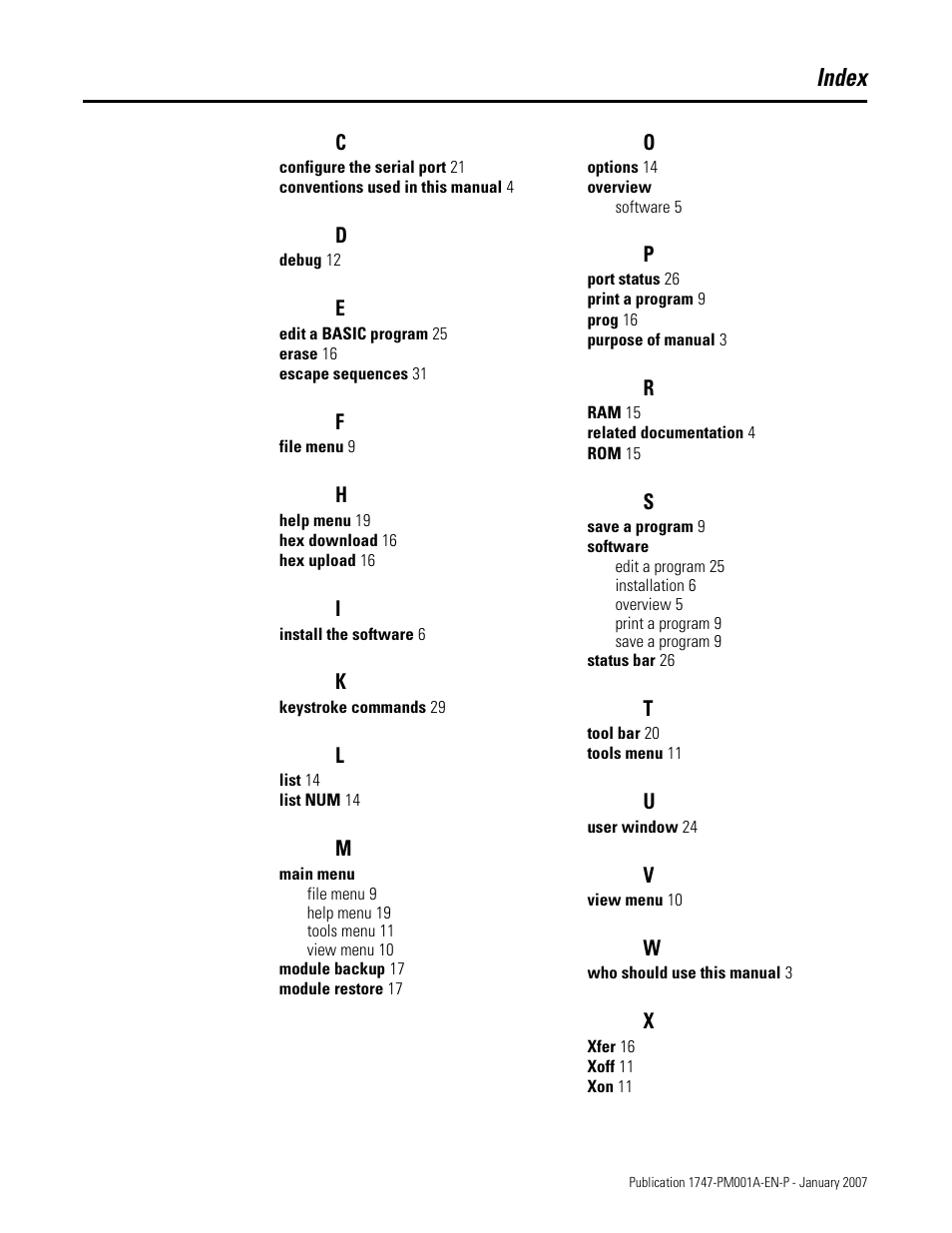 Index | Rockwell Automation 1747-WINBAS Software Programming Manual User Manual | Page 35 / 40