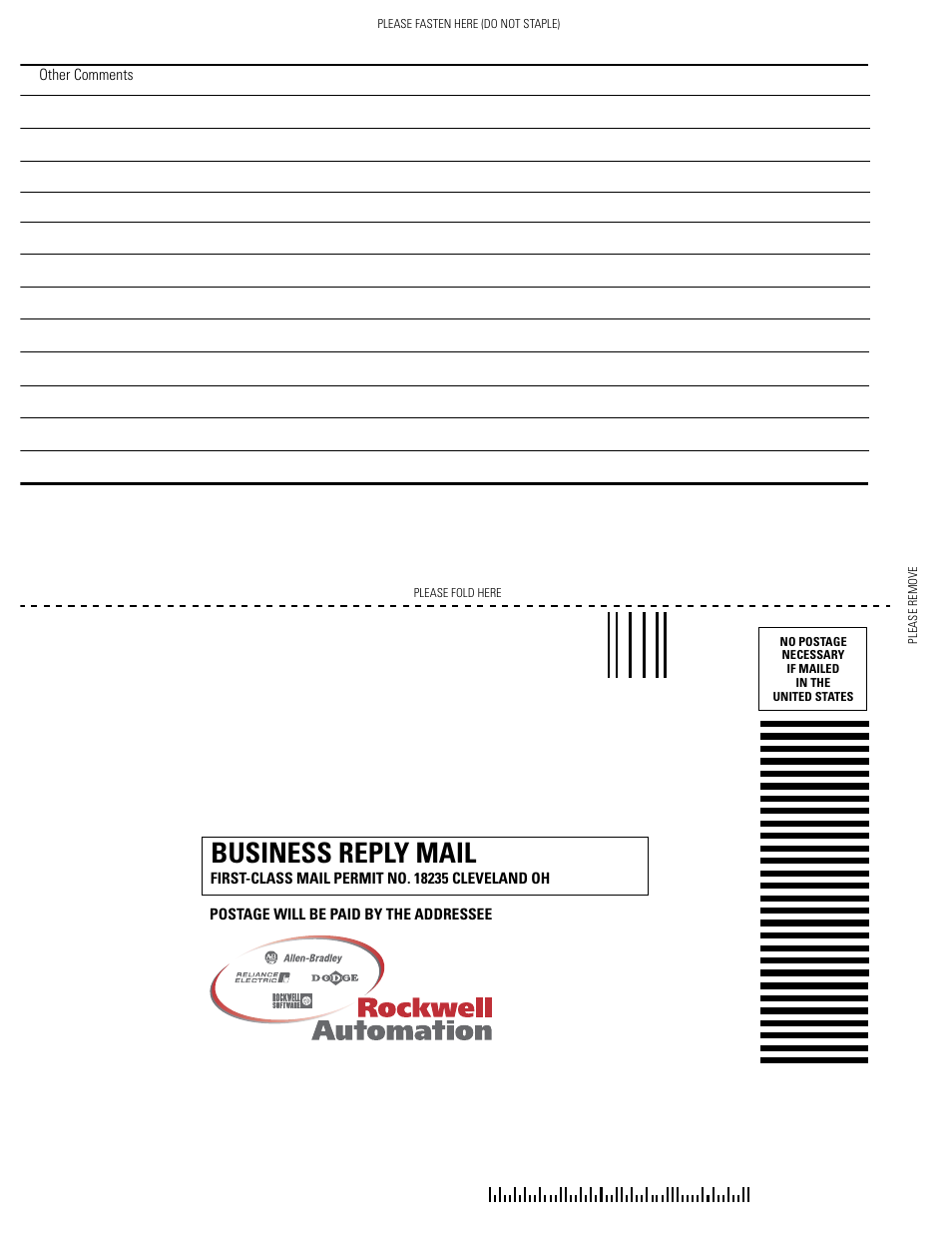 Business reply mail | Rockwell Automation 1747-WINBAS Software Programming Manual User Manual | Page 38 / 40