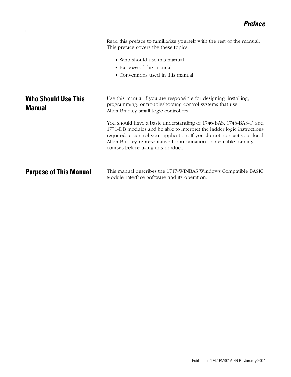 Preface, Who should use this manual, Purpose of this manual | Who should use this manual purpose of this manual | Rockwell Automation 1747-WINBAS Software Programming Manual User Manual | Page 5 / 40
