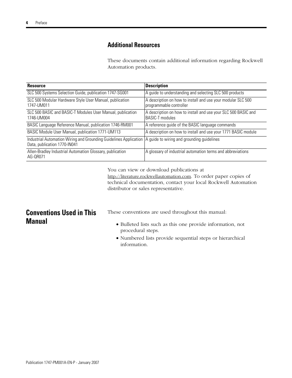 Conventions used in this manual, Additional resources | Rockwell Automation 1747-WINBAS Software Programming Manual User Manual | Page 6 / 40