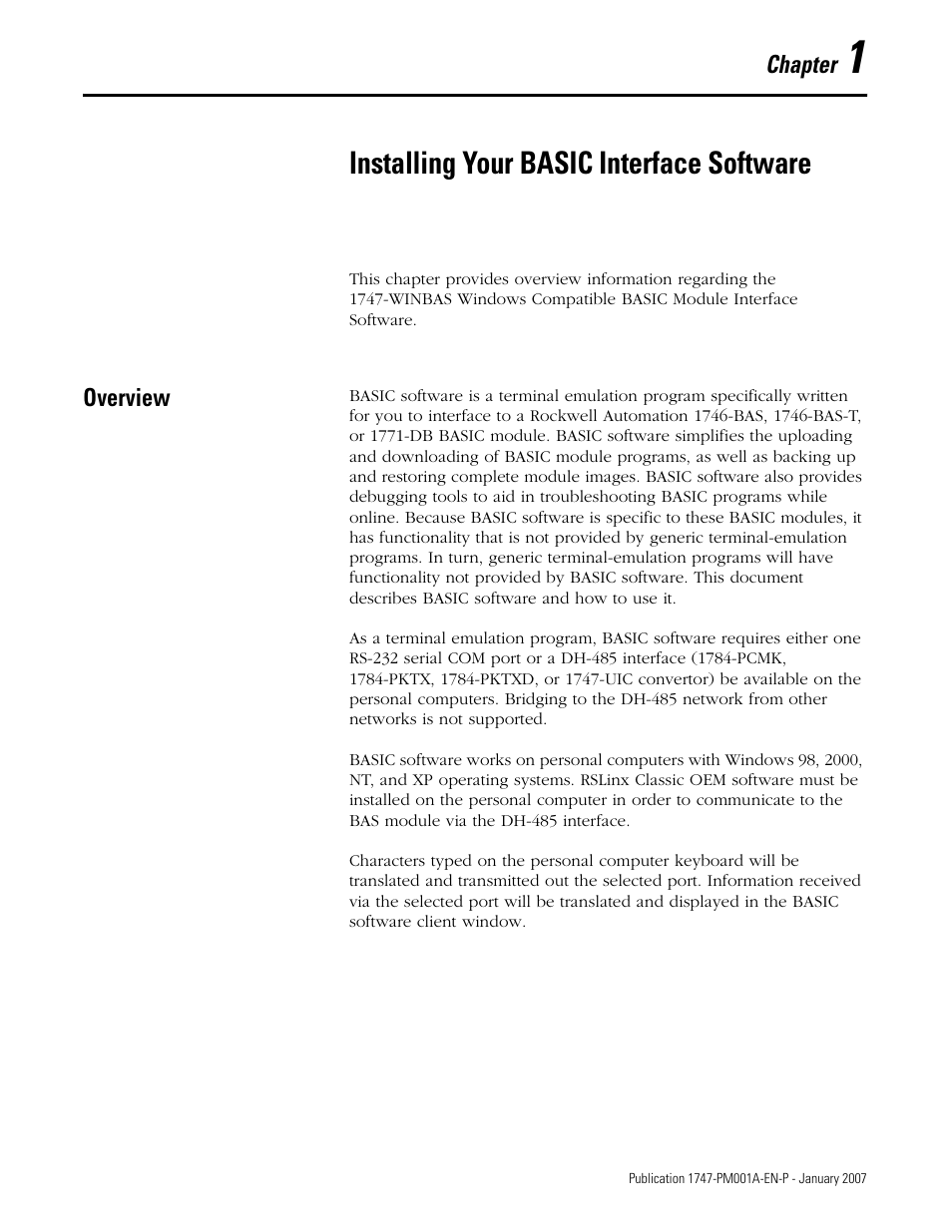 1 - installing your basic interface software, Overview, Chapter 1 | Installing your basic interface software | Rockwell Automation 1747-WINBAS Software Programming Manual User Manual | Page 7 / 40