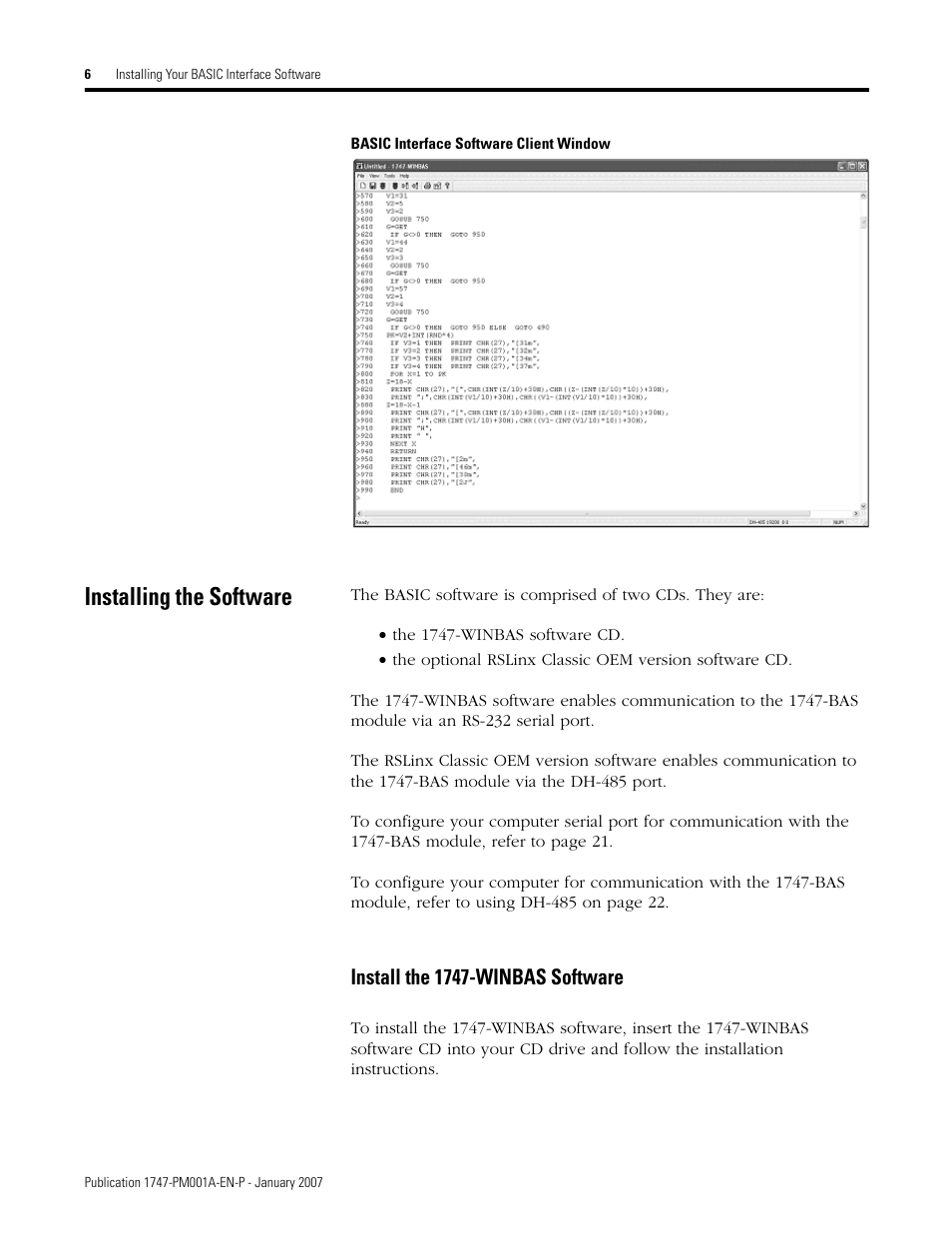 Installing the software, Install the 1747-winbas software | Rockwell Automation 1747-WINBAS Software Programming Manual User Manual | Page 8 / 40