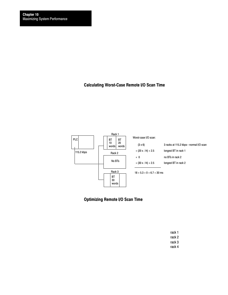Calculating worstćcase remote i/o scan time, Optimizing remote i/o scan time | Rockwell Automation 1785-LTx,D17856.2.1 Classic PLC-5 Programmable Controllers Users Manual User Manual | Page 136 / 186