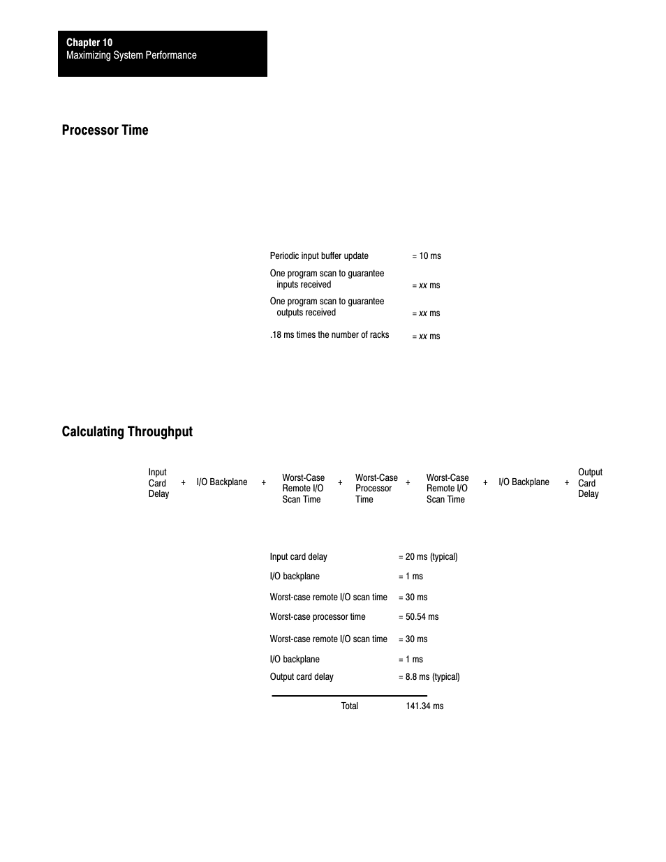 10ć6, Processor time calculating throughput | Rockwell Automation 1785-LTx,D17856.2.1 Classic PLC-5 Programmable Controllers Users Manual User Manual | Page 138 / 186