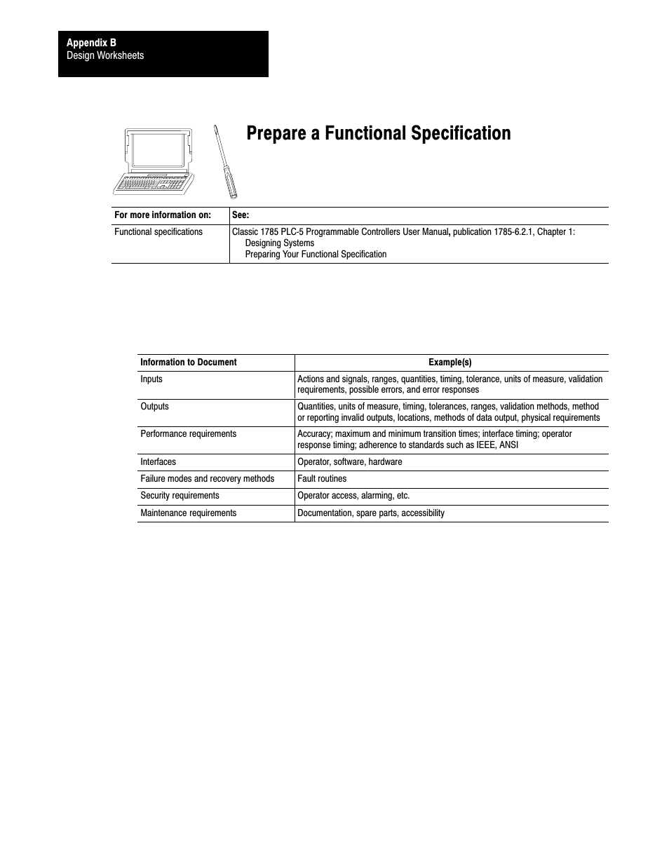 Prepare a functional specification | Rockwell Automation 1785-LTx,D17856.2.1 Classic PLC-5 Programmable Controllers Users Manual User Manual | Page 152 / 186