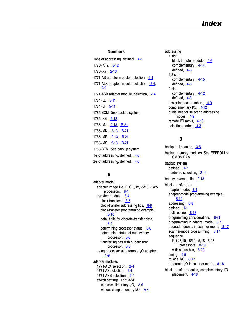 1785-6.2.1, index, Index | Rockwell Automation 1785-LTx,D17856.2.1 Classic PLC-5 Programmable Controllers Users Manual User Manual | Page 179 / 186
