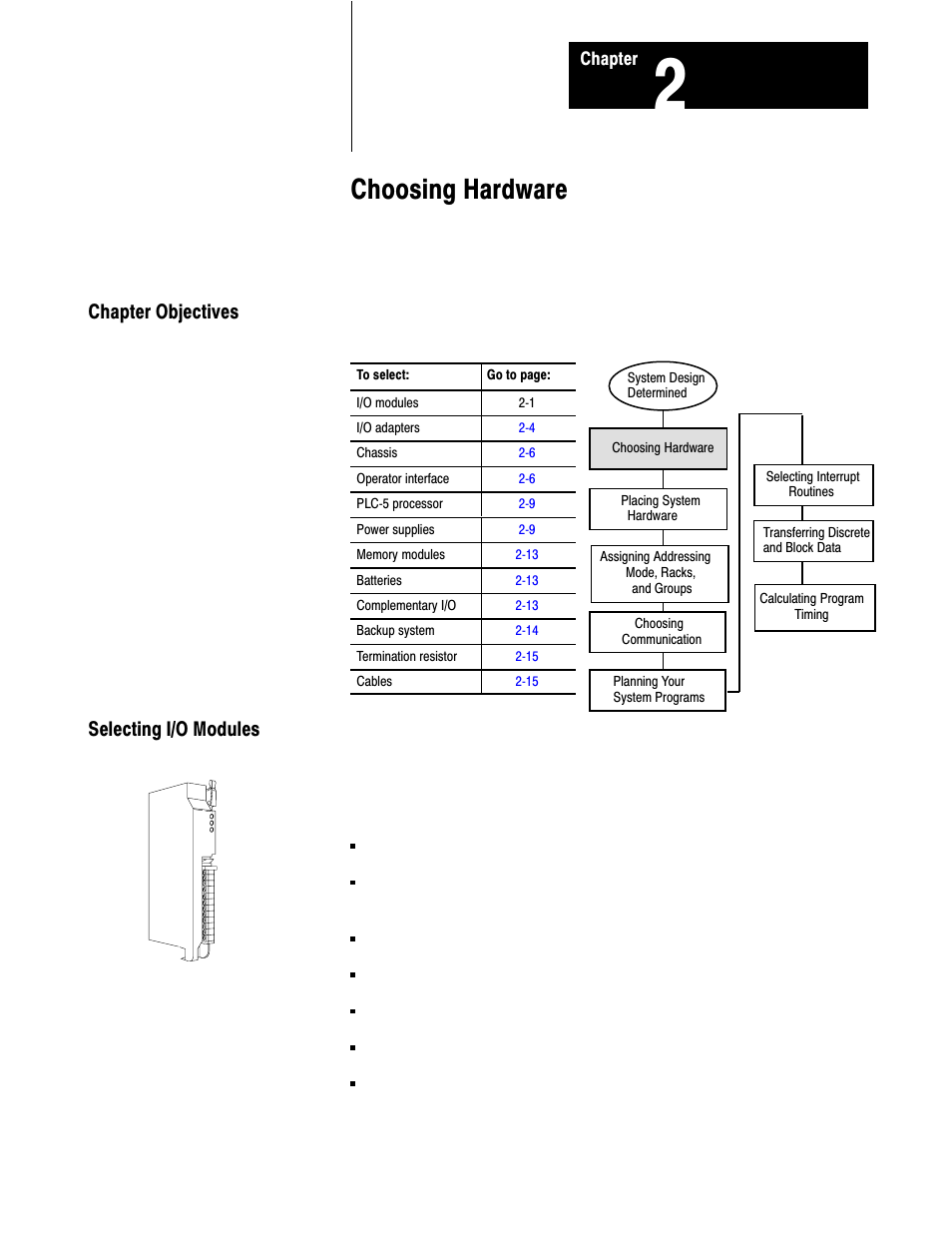 1785-6.2.1, 2 - choosing hardware, Choosing hardware, Chapter objectives selecting i/o modules | Rockwell Automation 1785-LTx,D17856.2.1 Classic PLC-5 Programmable Controllers Users Manual User Manual | Page 20 / 186