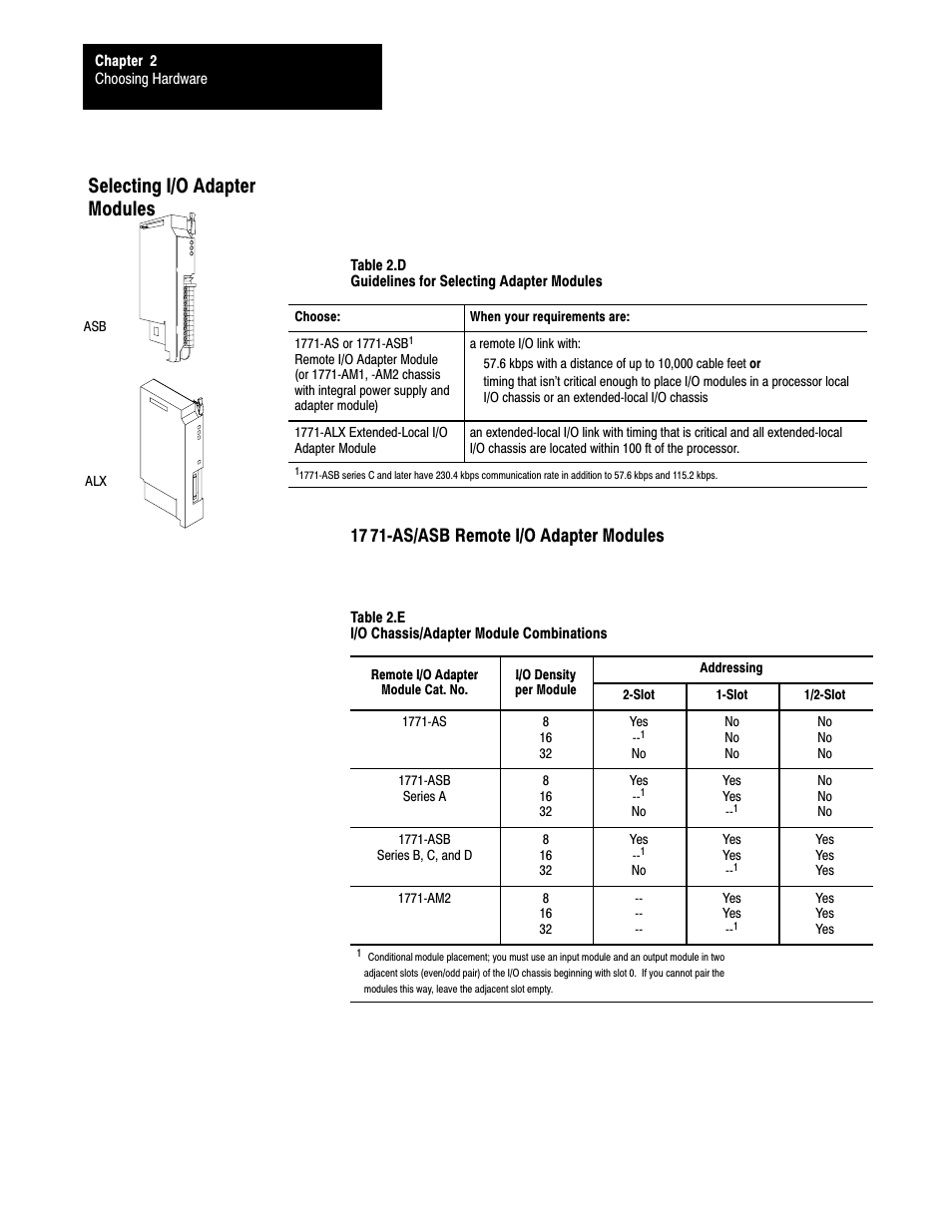 Selecting i/o adapter modules, 71ćas/asb remote i/o adapter modules | Rockwell Automation 1785-LTx,D17856.2.1 Classic PLC-5 Programmable Controllers Users Manual User Manual | Page 23 / 186