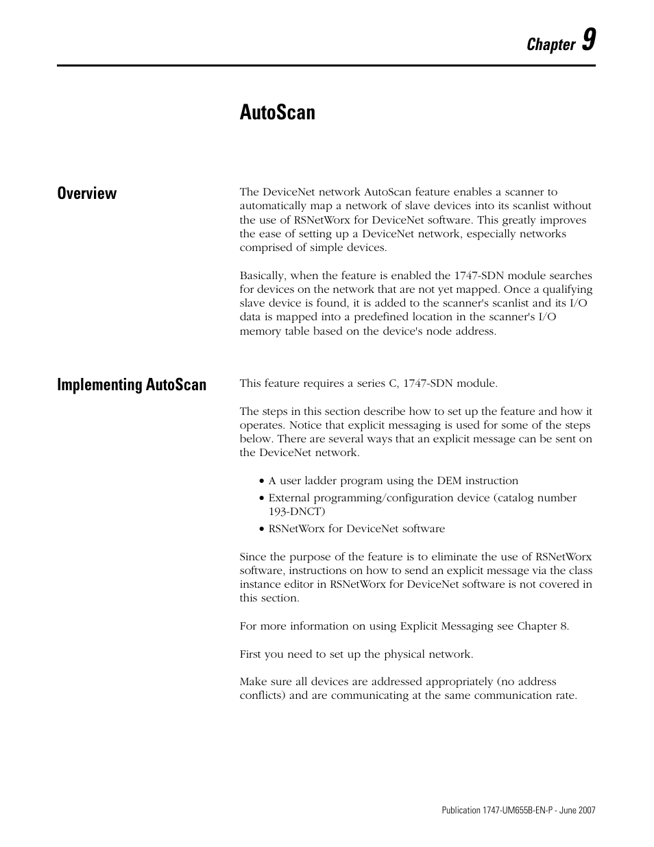 9 - autoscan, Overview, Implementing autoscan | Chapter 9, Autoscan, Overview implementing autoscan, Chapter | Rockwell Automation 1747-SDN SLC 500 DeviceNet Scanner Module User Manual User Manual | Page 103 / 160