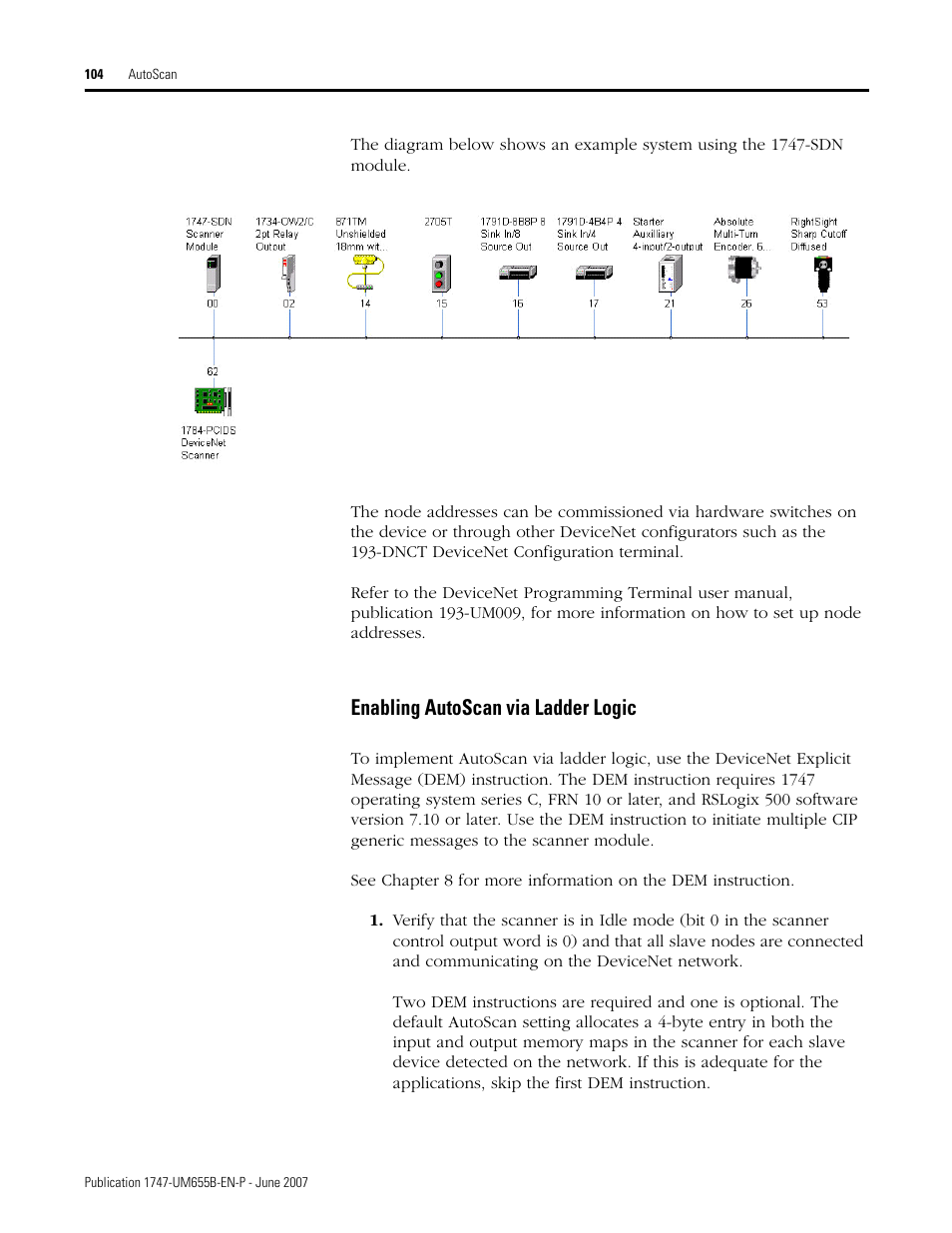 Enabling autoscan via ladder logic | Rockwell Automation 1747-SDN SLC 500 DeviceNet Scanner Module User Manual User Manual | Page 104 / 160