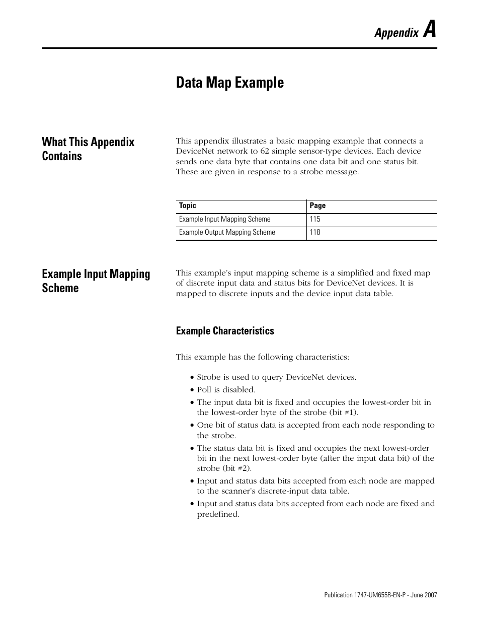 A - data map example, What this appendix contains, Example input mapping scheme | Appendix a, Data map example, Appendix | Rockwell Automation 1747-SDN SLC 500 DeviceNet Scanner Module User Manual User Manual | Page 115 / 160