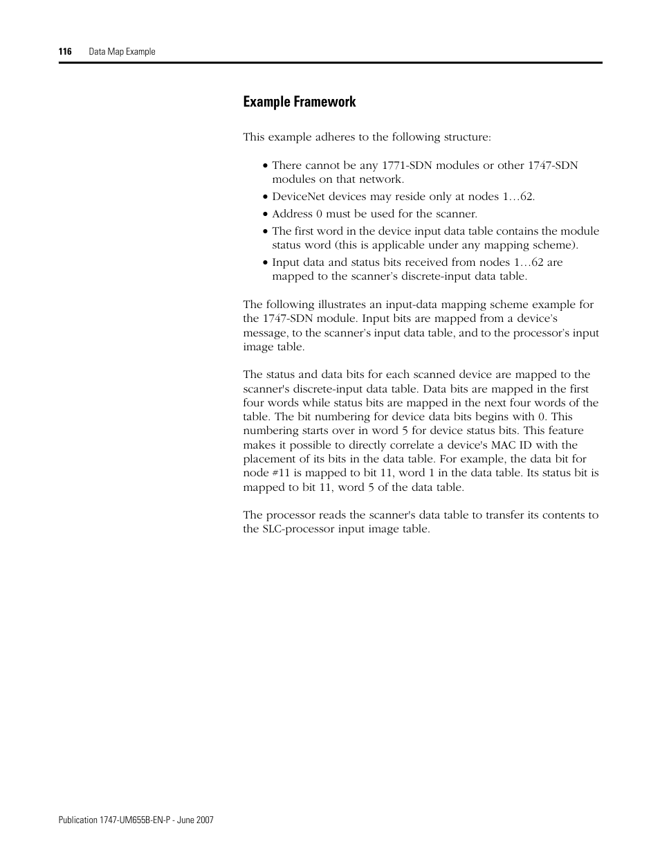 Example framework | Rockwell Automation 1747-SDN SLC 500 DeviceNet Scanner Module User Manual User Manual | Page 116 / 160