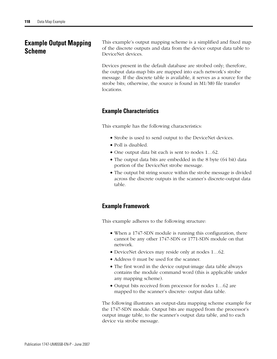 Example output mapping scheme, Example characteristics, Example framework | Rockwell Automation 1747-SDN SLC 500 DeviceNet Scanner Module User Manual User Manual | Page 118 / 160