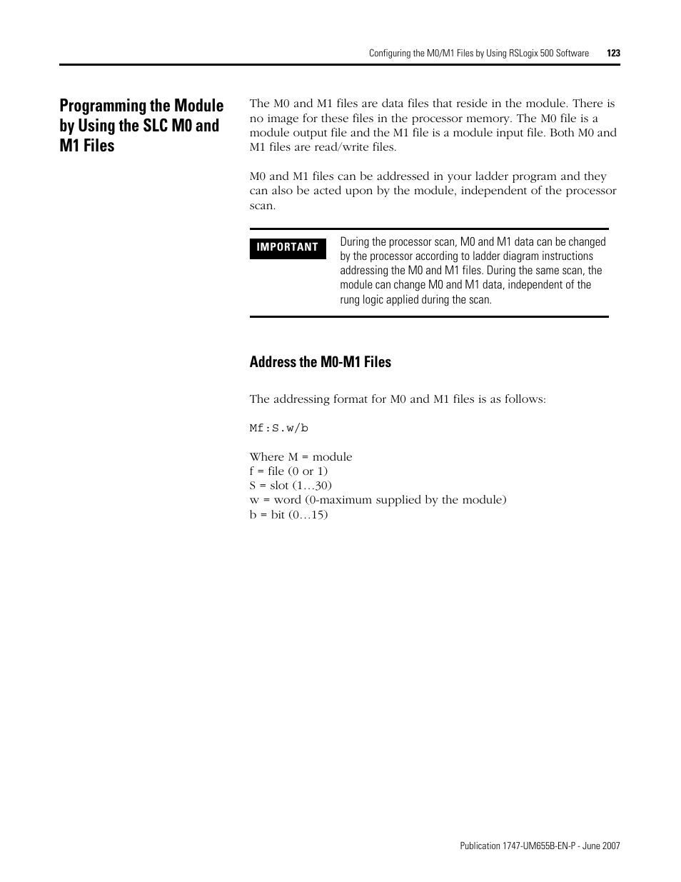Programming the module by using the slc m0, Address the m0-m1 files | Rockwell Automation 1747-SDN SLC 500 DeviceNet Scanner Module User Manual User Manual | Page 123 / 160