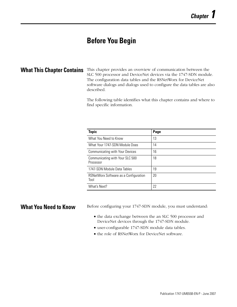 1 - before you begin, What this chapter contains, What you need to know | Chapter 1, Before you begin, What this chapter contains what you need to know, Chapter | Rockwell Automation 1747-SDN SLC 500 DeviceNet Scanner Module User Manual User Manual | Page 13 / 160