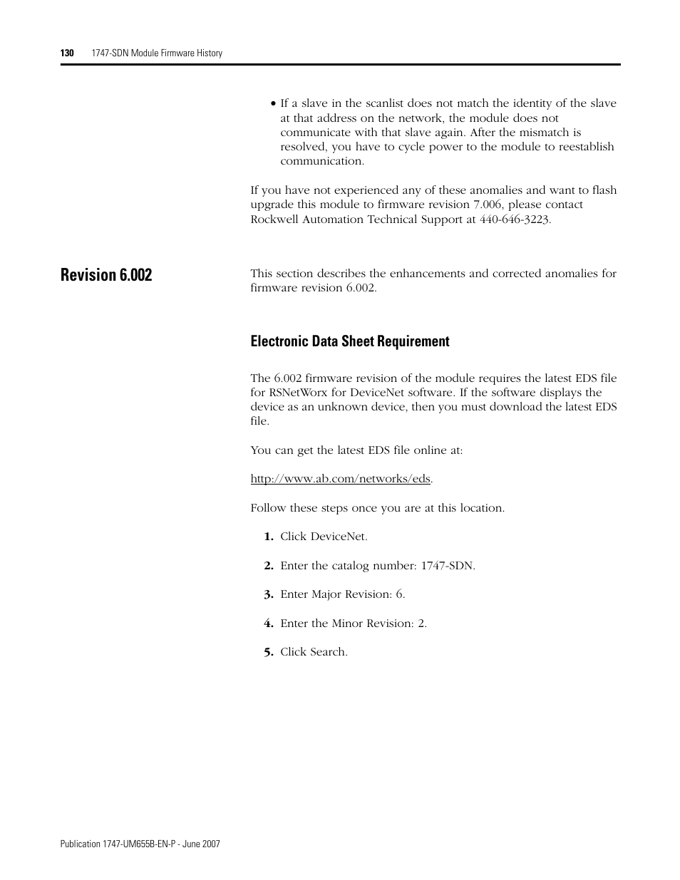 Revision 6.002, Electronic data sheet requirement | Rockwell Automation 1747-SDN SLC 500 DeviceNet Scanner Module User Manual User Manual | Page 130 / 160