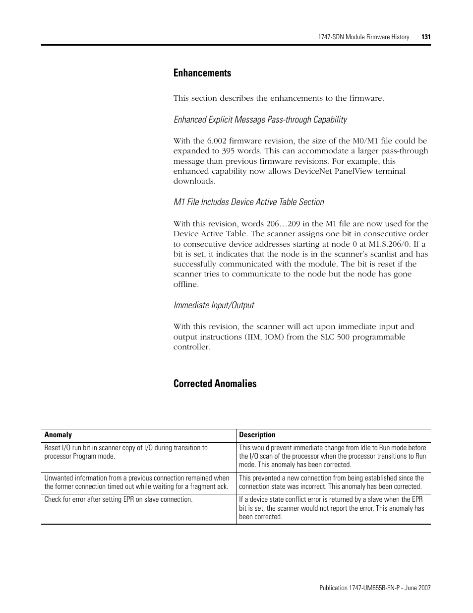 Enhancements, Corrected anomalies | Rockwell Automation 1747-SDN SLC 500 DeviceNet Scanner Module User Manual User Manual | Page 131 / 160