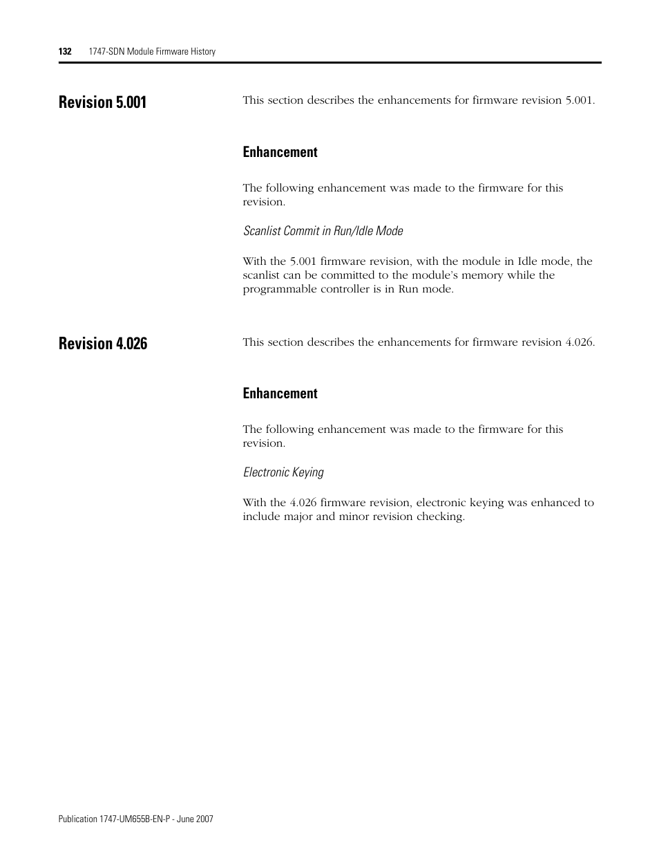 Revision 5.001, Revision 4.026, Revision 5.001 revision 4.026 | Rockwell Automation 1747-SDN SLC 500 DeviceNet Scanner Module User Manual User Manual | Page 132 / 160