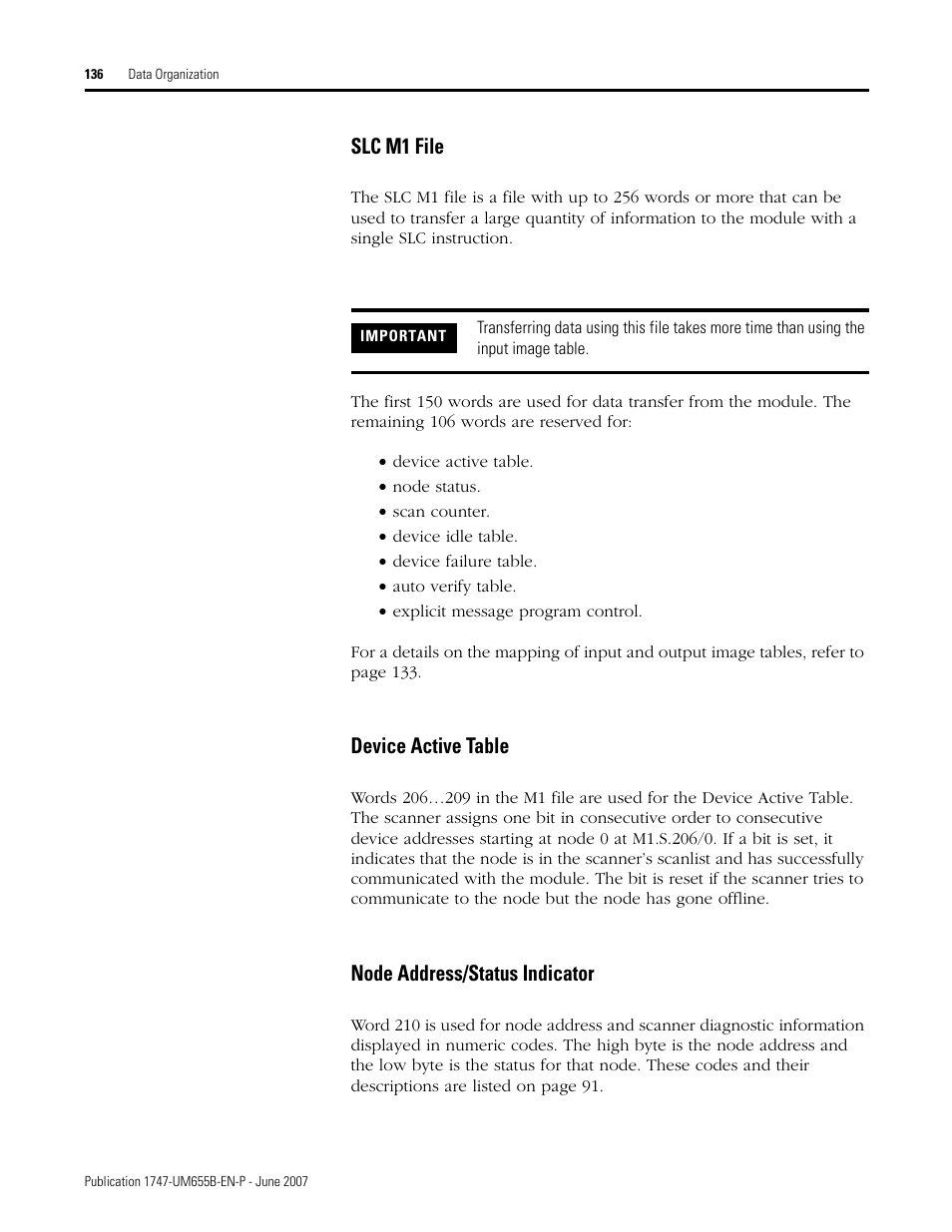 Slc m1 file, Device active table, Node address/status indicator | Rockwell Automation 1747-SDN SLC 500 DeviceNet Scanner Module User Manual User Manual | Page 136 / 160
