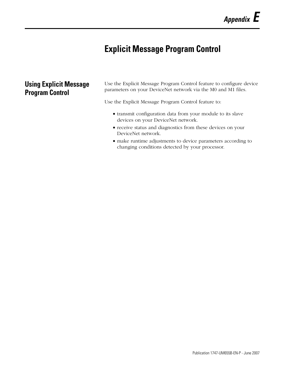 E - explicit message program control, Using explicit message program control, Appendix e | Explicit message program control | Rockwell Automation 1747-SDN SLC 500 DeviceNet Scanner Module User Manual User Manual | Page 143 / 160