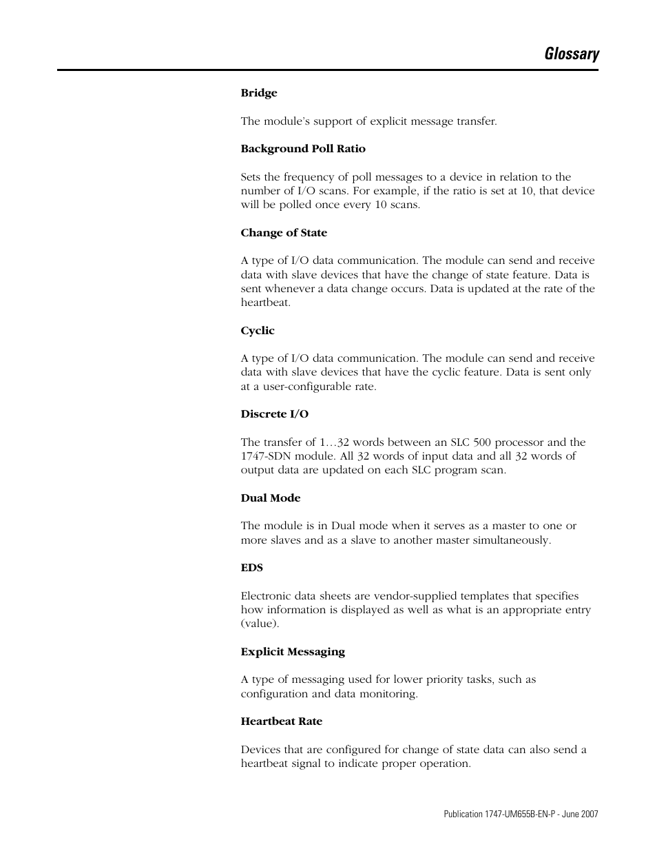 Glossary | Rockwell Automation 1747-SDN SLC 500 DeviceNet Scanner Module User Manual User Manual | Page 153 / 160