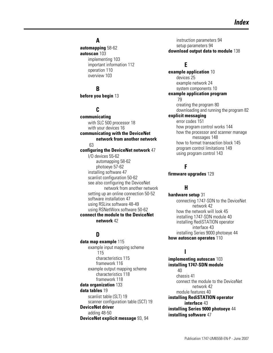 Index | Rockwell Automation 1747-SDN SLC 500 DeviceNet Scanner Module User Manual User Manual | Page 157 / 160