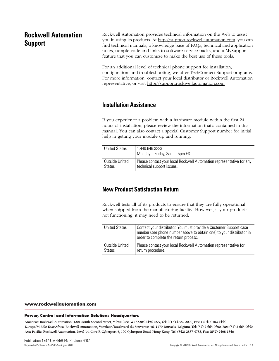 Back cover, Rockwell automation support, Installation assistance | New product satisfaction return | Rockwell Automation 1747-SDN SLC 500 DeviceNet Scanner Module User Manual User Manual | Page 160 / 160