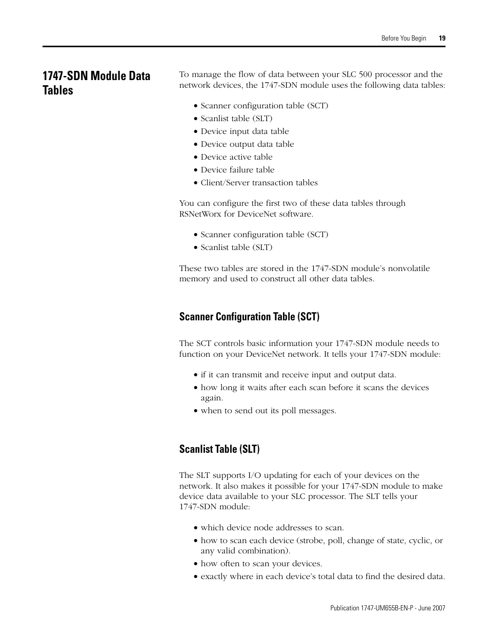 1747-sdn module data tables, Scanner configuration table (sct), Scanlist table (slt) | Rockwell Automation 1747-SDN SLC 500 DeviceNet Scanner Module User Manual User Manual | Page 19 / 160