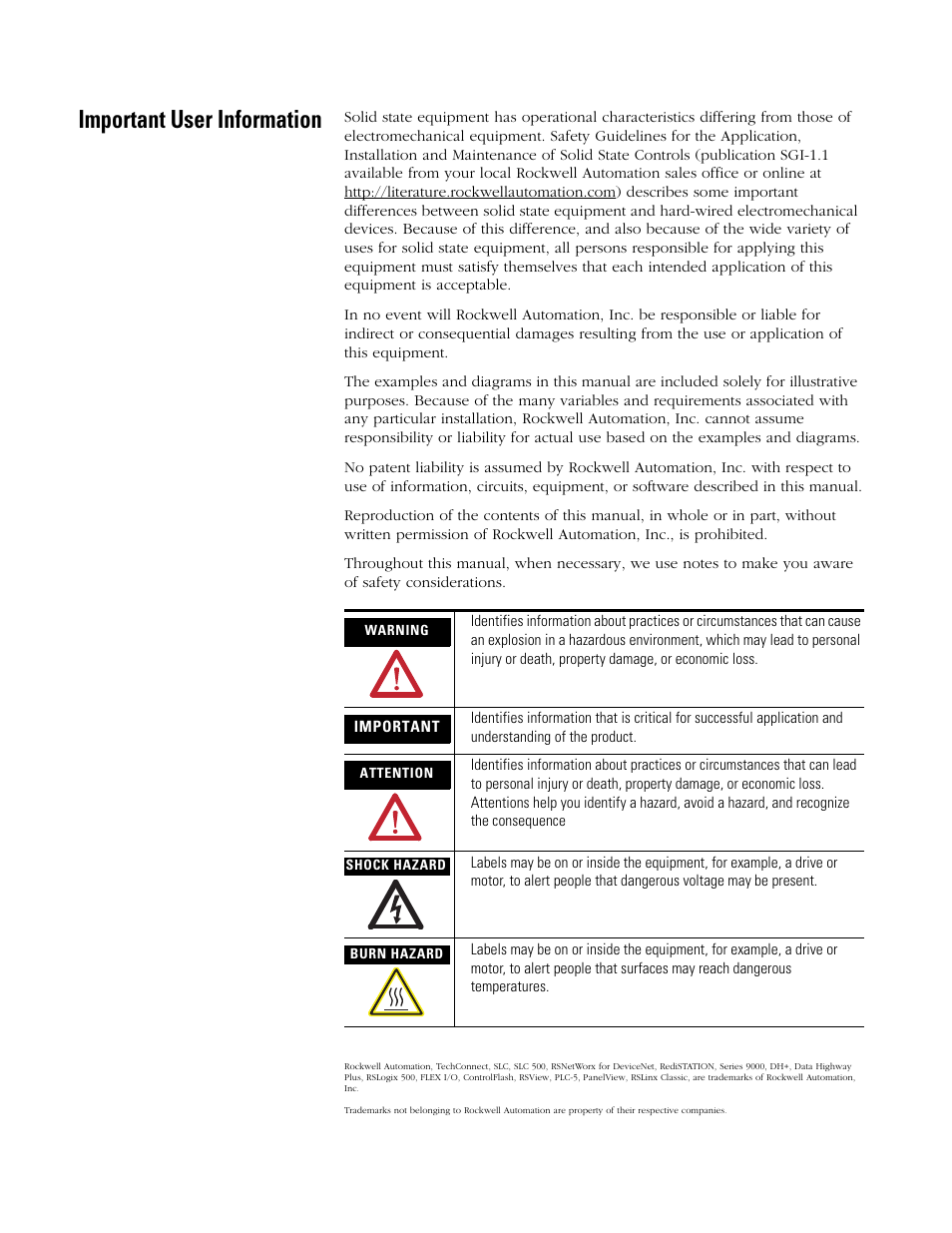 Important user information | Rockwell Automation 1747-SDN SLC 500 DeviceNet Scanner Module User Manual User Manual | Page 2 / 160