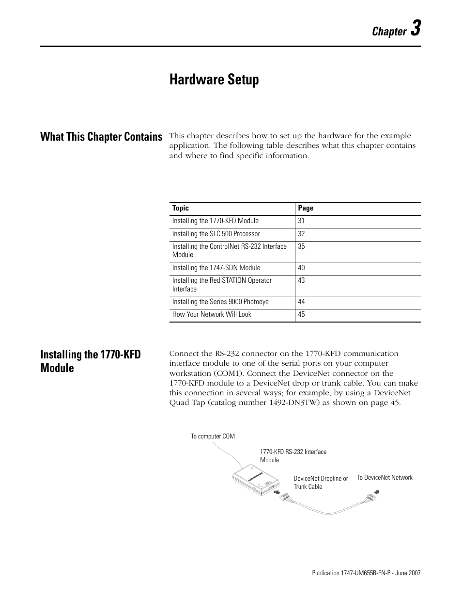 3 - hardware setup, What this chapter contains, Installing the 1770-kfd module | Chapter 3, Hardware setup, Chapter | Rockwell Automation 1747-SDN SLC 500 DeviceNet Scanner Module User Manual User Manual | Page 31 / 160