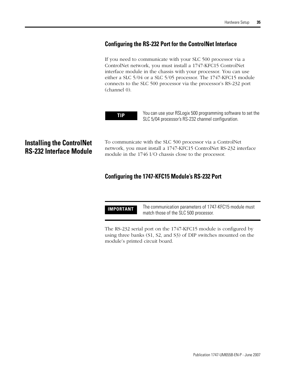 Installing the controlnet rs-232 interface module | Rockwell Automation 1747-SDN SLC 500 DeviceNet Scanner Module User Manual User Manual | Page 35 / 160
