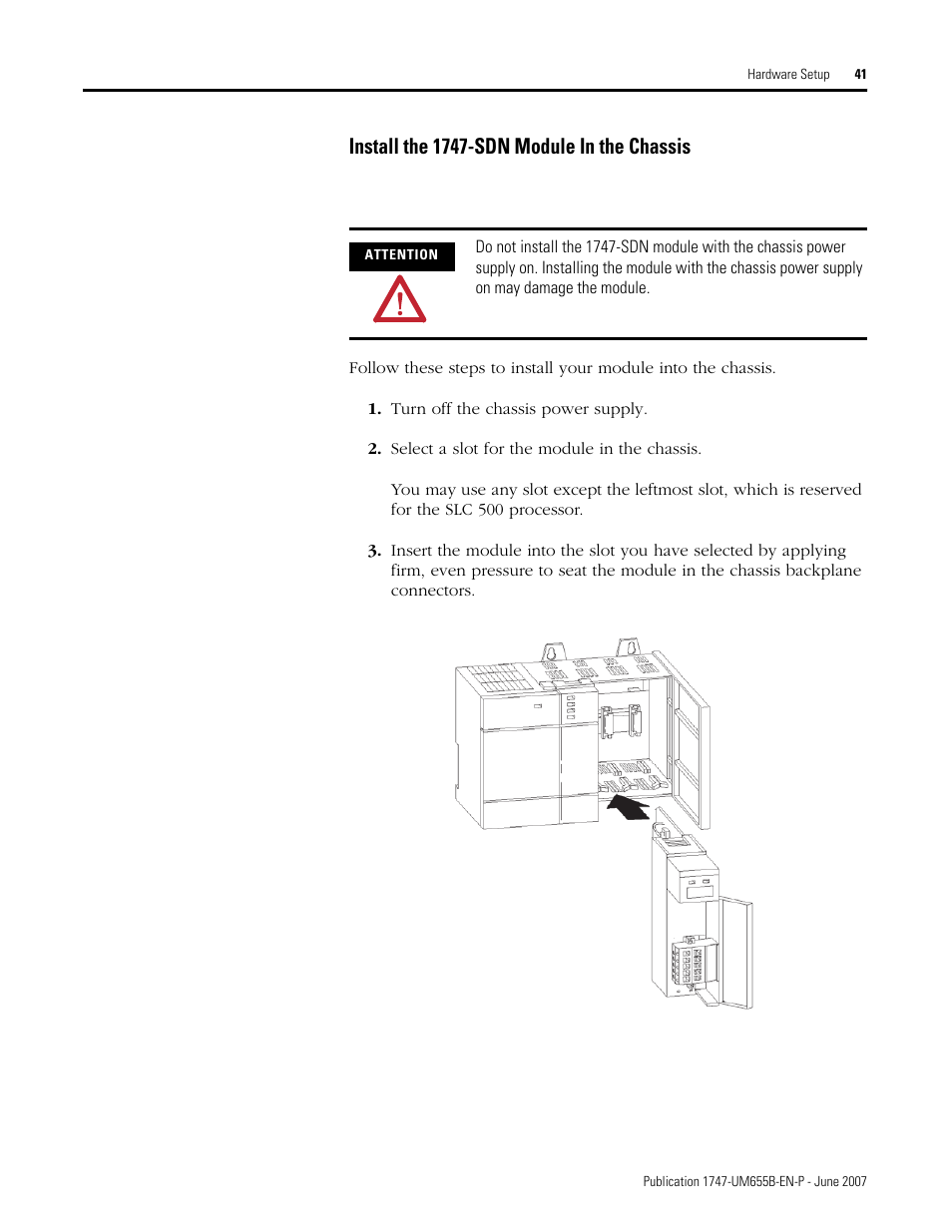 Install the 1747-sdn module in the chassis | Rockwell Automation 1747-SDN SLC 500 DeviceNet Scanner Module User Manual User Manual | Page 41 / 160