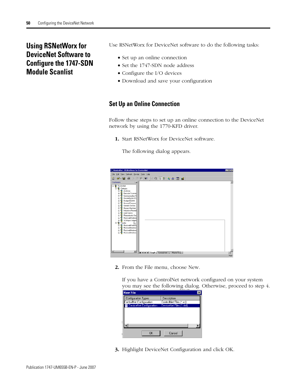 Set up an online connection | Rockwell Automation 1747-SDN SLC 500 DeviceNet Scanner Module User Manual User Manual | Page 50 / 160