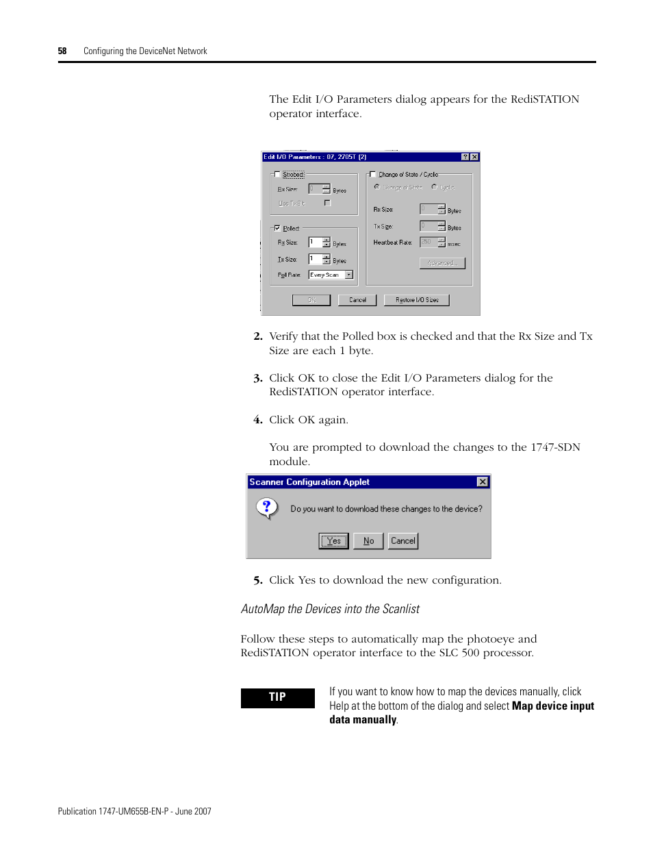 Automap the devices into the scanlist | Rockwell Automation 1747-SDN SLC 500 DeviceNet Scanner Module User Manual User Manual | Page 58 / 160