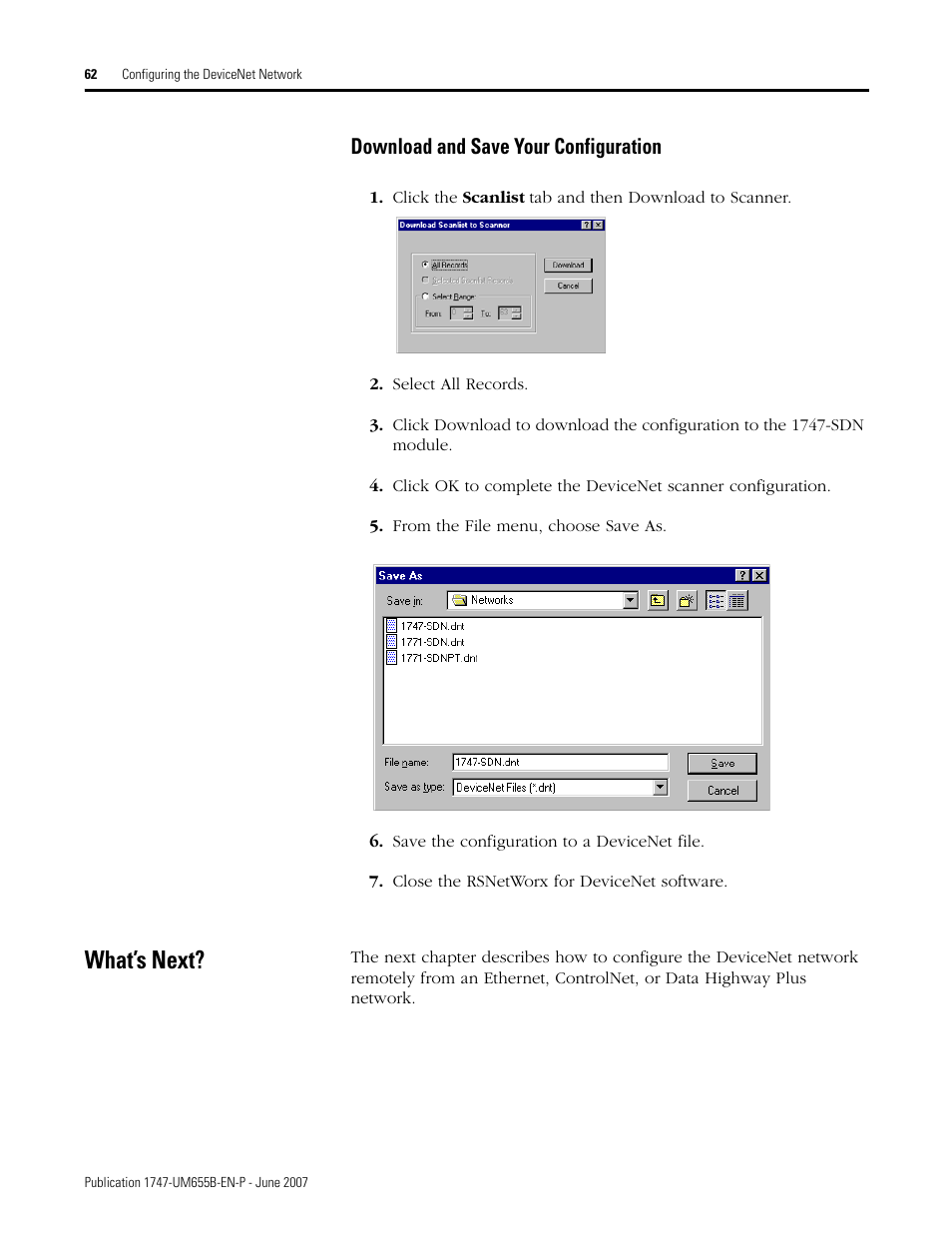 What’s next, Download and save your configuration | Rockwell Automation 1747-SDN SLC 500 DeviceNet Scanner Module User Manual User Manual | Page 62 / 160