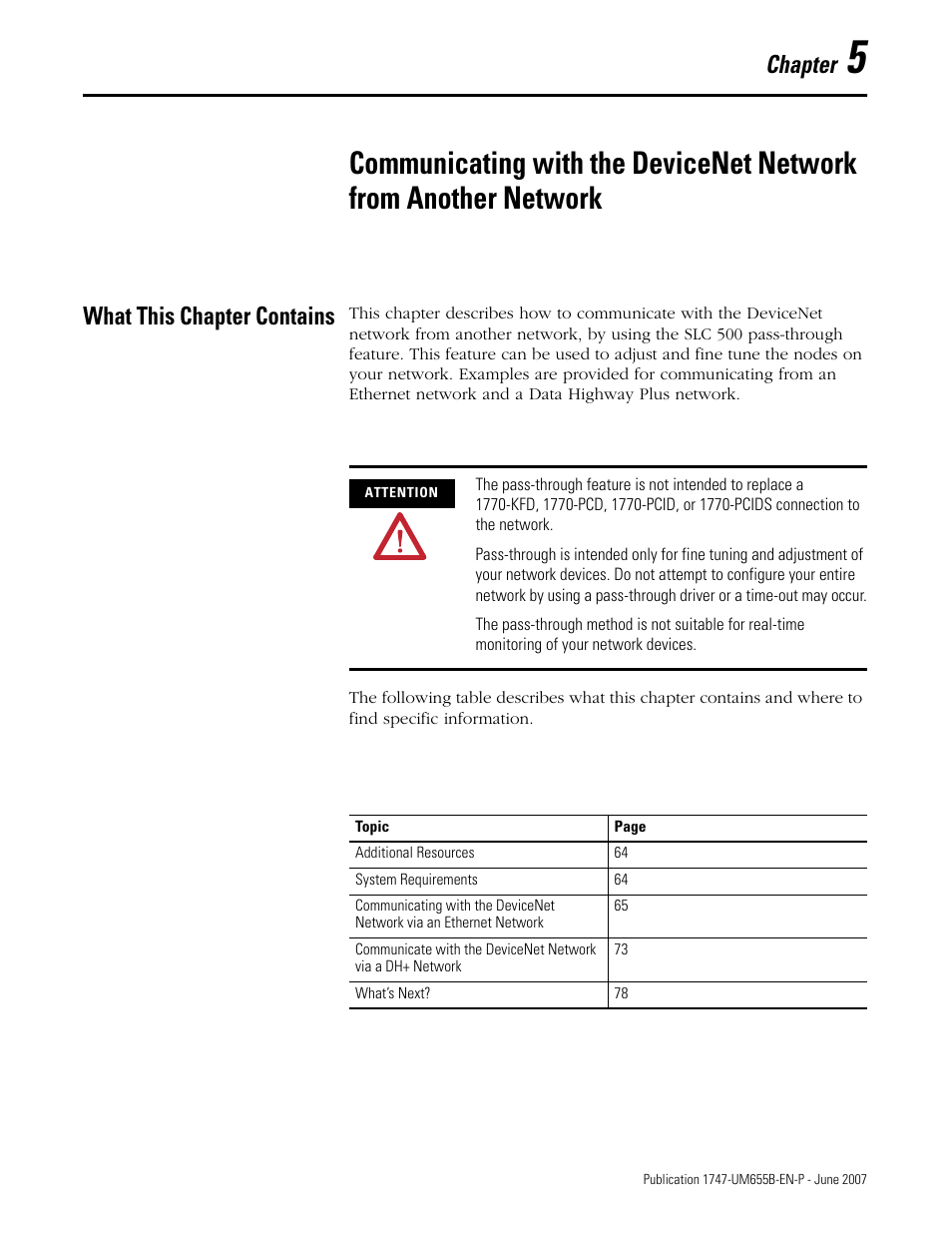 What this chapter contains, Chapter 5, Chapter | Rockwell Automation 1747-SDN SLC 500 DeviceNet Scanner Module User Manual User Manual | Page 63 / 160