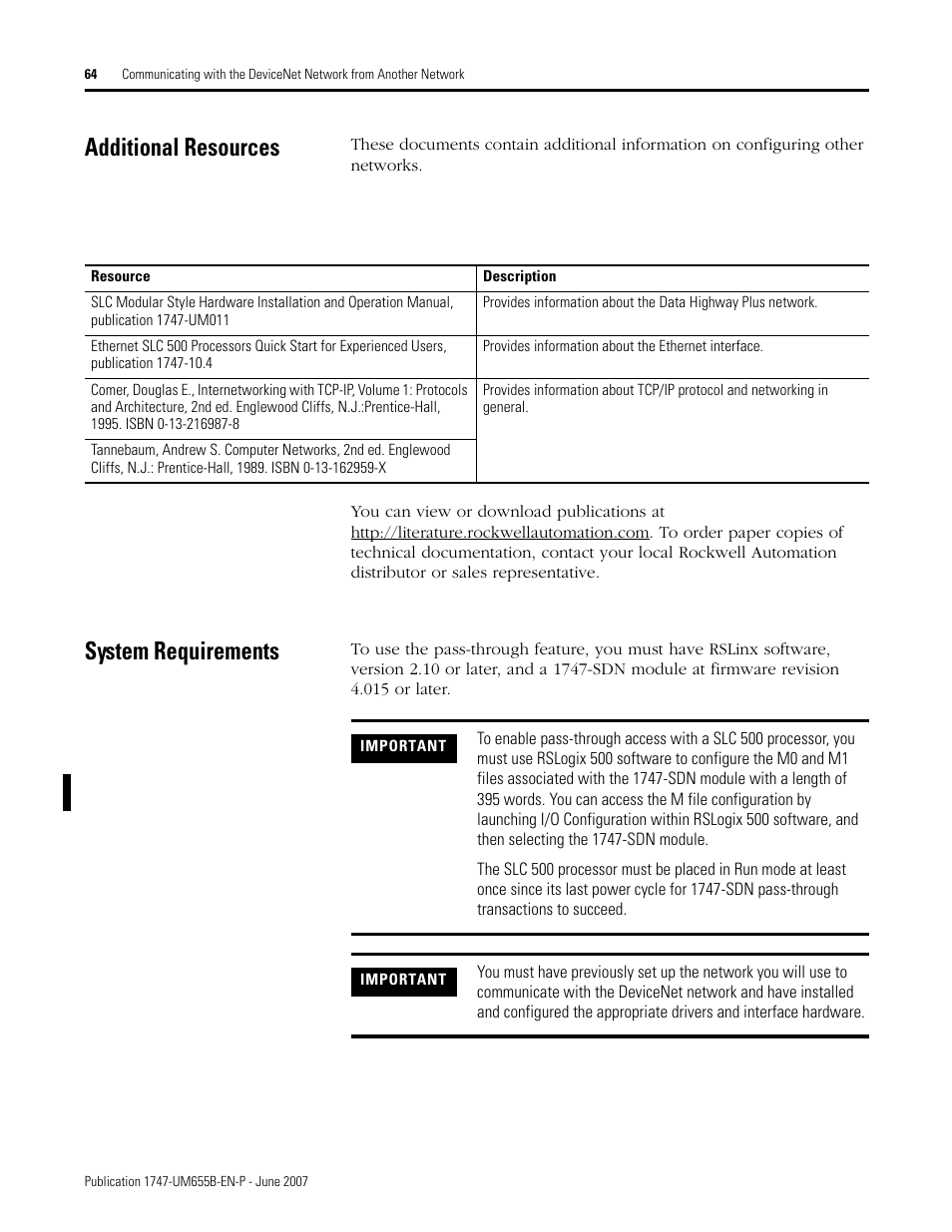 Additional resources, System requirements, Additional resources system requirements | Rockwell Automation 1747-SDN SLC 500 DeviceNet Scanner Module User Manual User Manual | Page 64 / 160