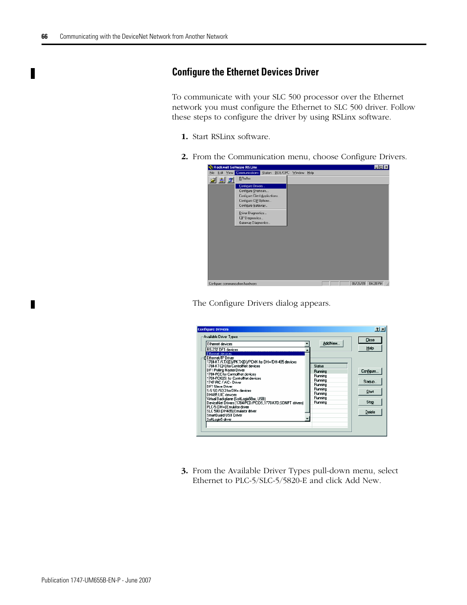 Configure the ethernet devices driver | Rockwell Automation 1747-SDN SLC 500 DeviceNet Scanner Module User Manual User Manual | Page 66 / 160