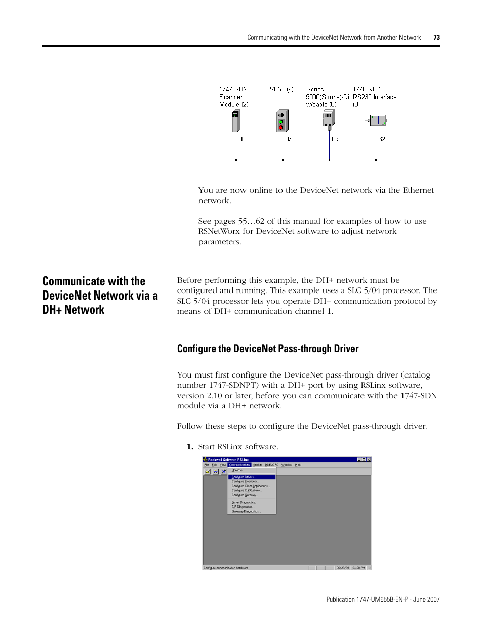 Communicate with the devicenet network via, Configure the devicenet pass-through driver | Rockwell Automation 1747-SDN SLC 500 DeviceNet Scanner Module User Manual User Manual | Page 73 / 160