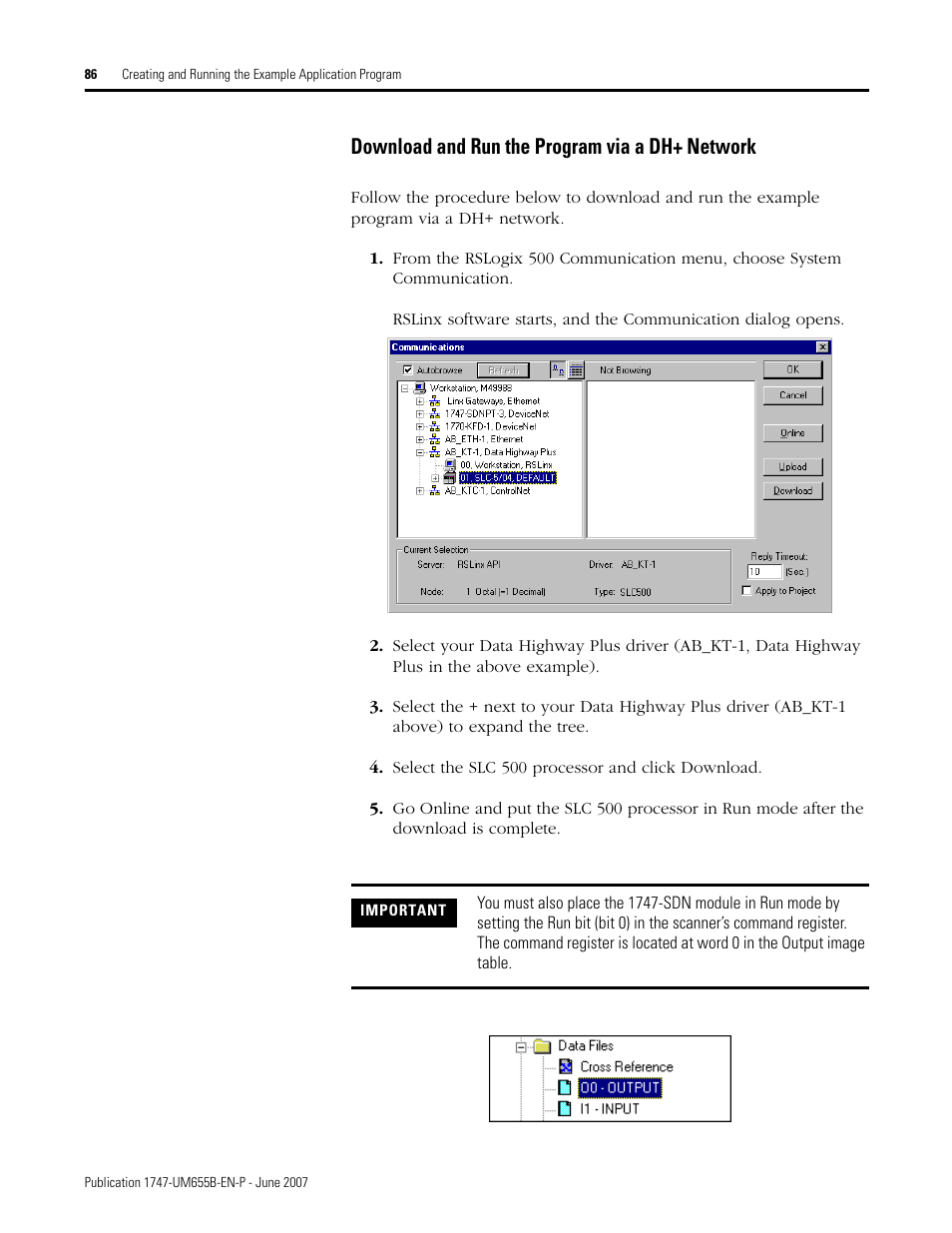 Download and run the program via a dh+ network | Rockwell Automation 1747-SDN SLC 500 DeviceNet Scanner Module User Manual User Manual | Page 86 / 160